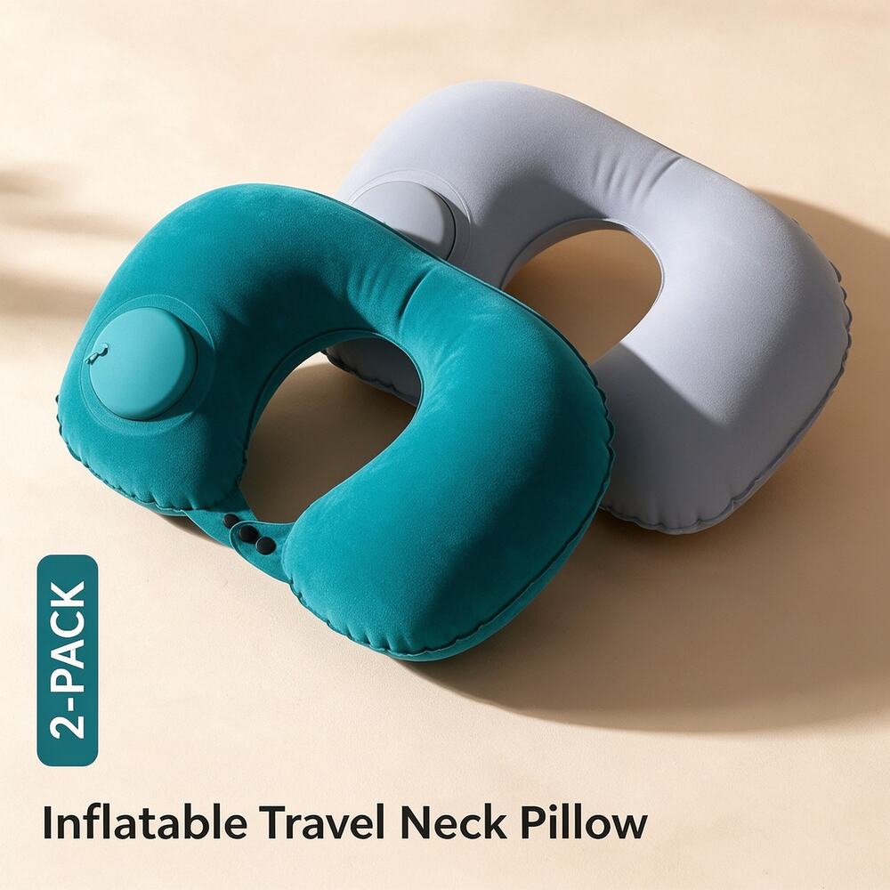 2‑Pack: Gray & Blue Press Inflatable U‑Shaped Travel Neck Pillow